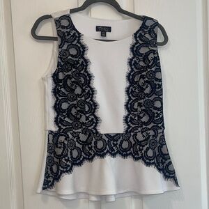 Thalia Sodi White Sleeveless Peplum Top with Navy Lace